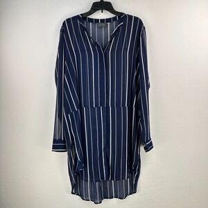 ASTR Womens Shirt Dress XL Blue White Pinstripe Button Up High Low Chiffon Sheer